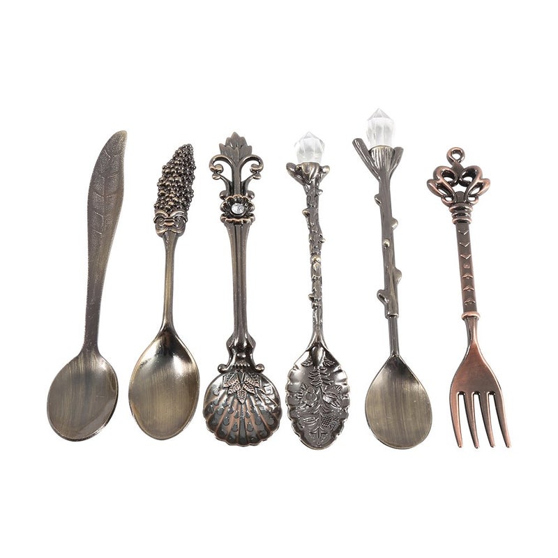 Fdit 6Pcs/Set Flatware Vintage Spoon Dessert Coffee Mixing Spoon Teaspoon Ice Cream Spoon Fruit Fork Royal Metal Mini Carved Tableware Fruit Spoon for Kitchen Dining Sweet - Image 1